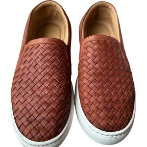 M. Gemi Tan Woven Leather Slip-Ons made in Italy.